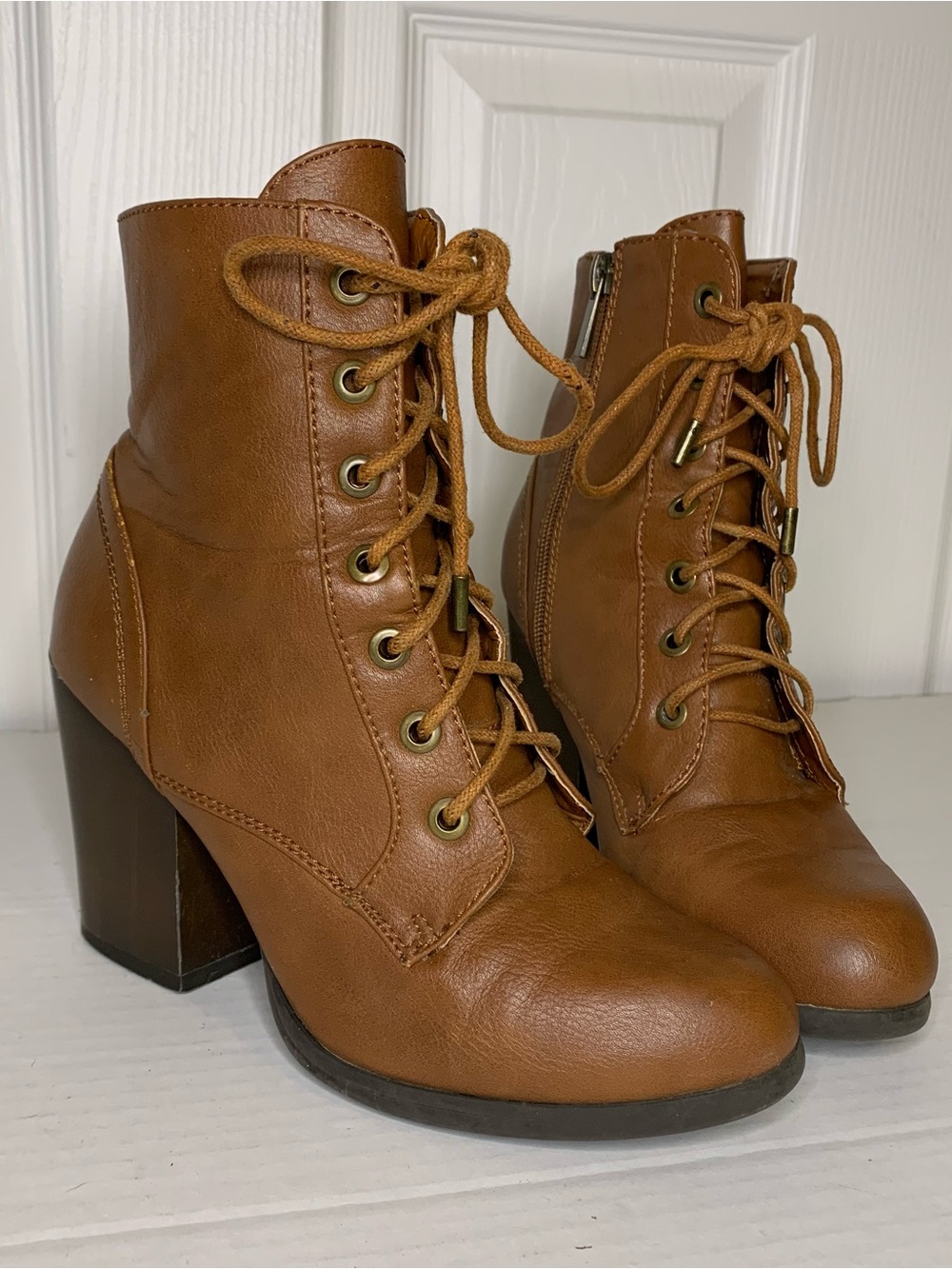 BAMBOO Cognac Lace-Up Block Heel Ankle Boots